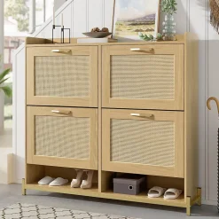 Meuble à Chaussures Meuble 4 Portes avec Étagère Supérieure et Portes Rotin - Bois Contemporain, Cadre Métal, Chêne Clair