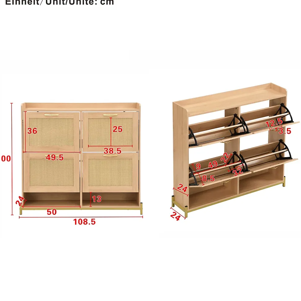 Meuble à Chaussures Meuble 4 Portes avec Étagère Supérieure et Portes Rotin - Bois Contemporain, Cadre Métal, Chêne Clair