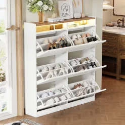 Meuble à Chaussures Meuble d'Entrée avec 6 Abattants et 2 Niches Ouvertes, Éclairage LED Intégré - MDF - Blanc et Bois Naturel