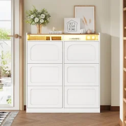 Meuble à Chaussures Meuble d'Entrée avec 6 Abattants et 2 Niches Ouvertes, Éclairage LED Intégré - MDF - Blanc et Bois Naturel