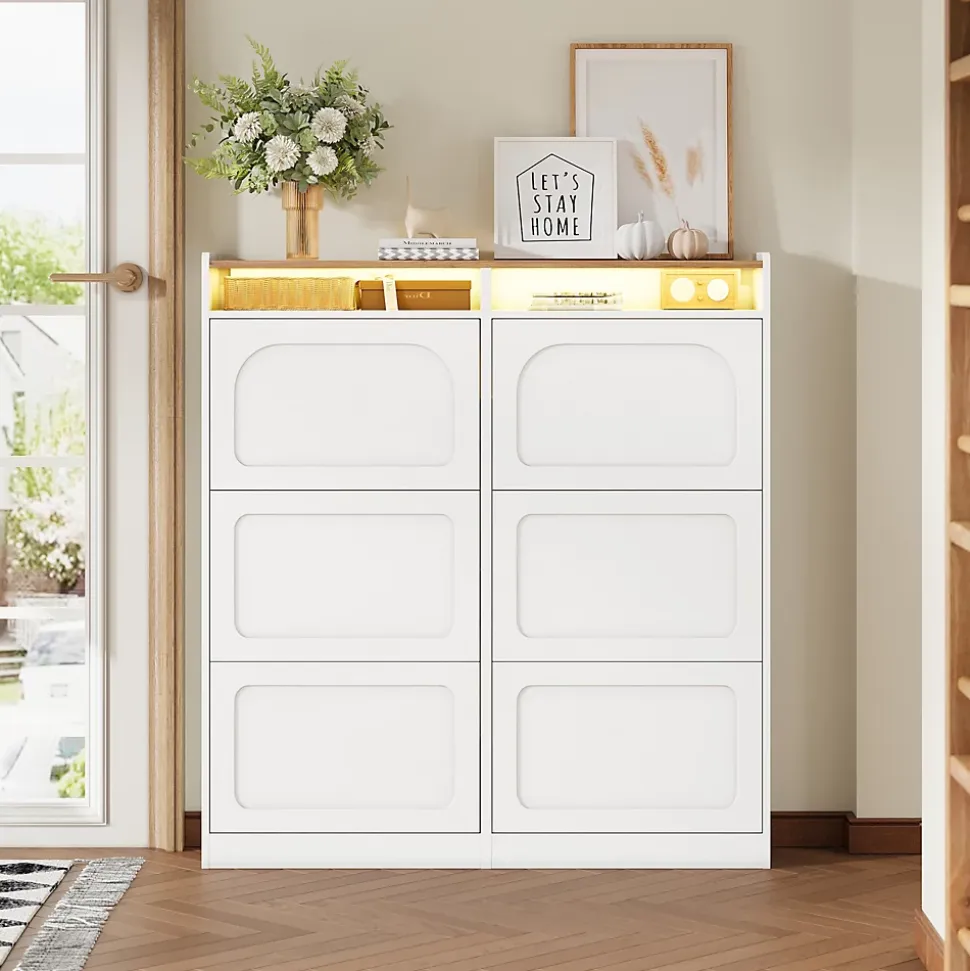 Meuble à Chaussures Meuble d'Entrée avec 6 Abattants et 2 Niches Ouvertes, Éclairage LED Intégré - MDF - Blanc et Bois Naturel