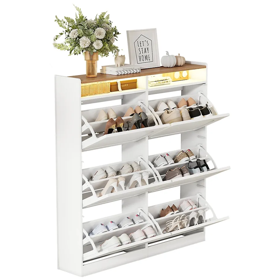 Meuble à Chaussures Meuble d'Entrée avec 6 Abattants et 2 Niches Ouvertes, Éclairage LED Intégré - MDF - Blanc et Bois Naturel
