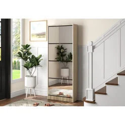 Meuble à chaussures MEXICO 4 tiroirs avec miroirs Coloris chene sonoma Rangement vertical contemporain