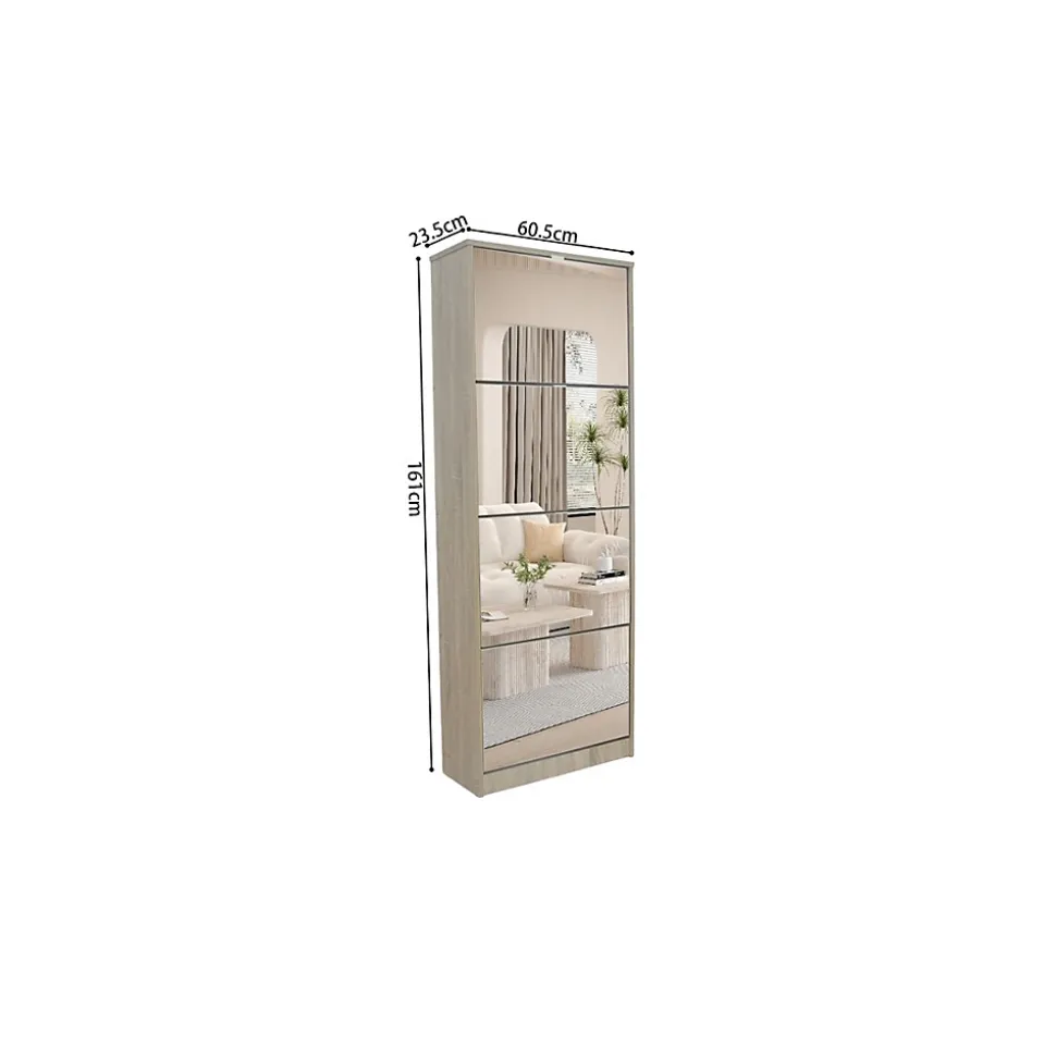 Meuble à chaussures MEXICO 4 tiroirs avec miroirs Coloris chene sonoma Rangement vertical contemporain