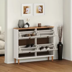 Meuble à chaussures MIKKA avec 4 abattants en pin massif lasuré blanc/chêne