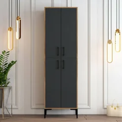Meuble à chaussures Mimosa, Meuble à chaussures, Armoire polyvalente, Rangement pour chaussures, 60x35h200 cm, Noyer et Anthracite
