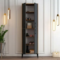 Meuble à chaussures Mimosa, Meuble à chaussures, Armoire polyvalente, Rangement pour chaussures, 60x35h200 cm, Noyer et Anthracite
