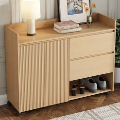 Meuble à Chaussures Mobile avec Étagères Réglables et Espaces Ouverts, MDF avec Roulettes - 110x35x86 cm, Naturel