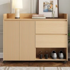 Meuble à Chaussures Mobile avec Étagères Réglables et Espaces Ouverts, MDF avec Roulettes - 110x35x86 cm, Naturel