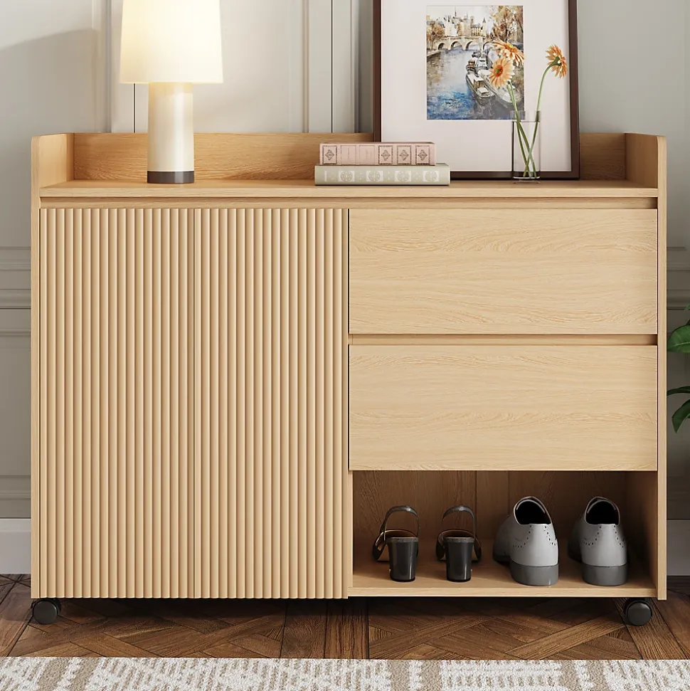 Meuble à Chaussures Mobile avec Étagères Réglables et Espaces Ouverts, MDF avec Roulettes - 110x35x86 cm, Naturel