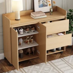 Meuble à Chaussures Mobile avec Étagères Réglables et Espaces Ouverts, MDF avec Roulettes - 110x35x86 cm, Naturel