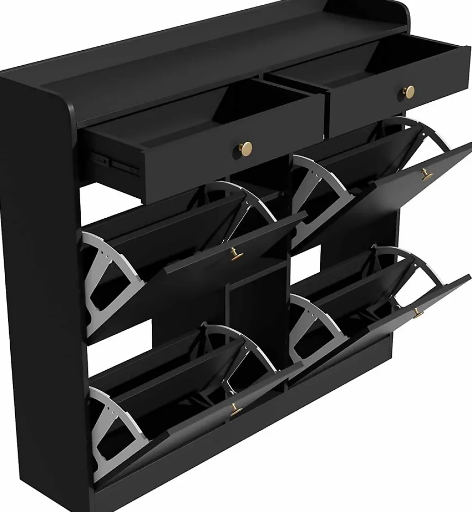 Meuble à Chaussures Moderne avec 4 Portes battantes, Multifonctionnel Armoire de Rangement avec 2 tiroirs et 3 Compartiments,noir