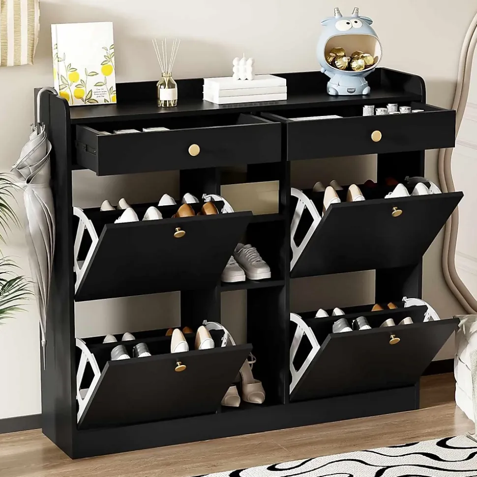 Meuble à Chaussures Moderne avec 4 Portes battantes, Multifonctionnel Armoire de Rangement avec 2 tiroirs et 3 Compartiments,noir
