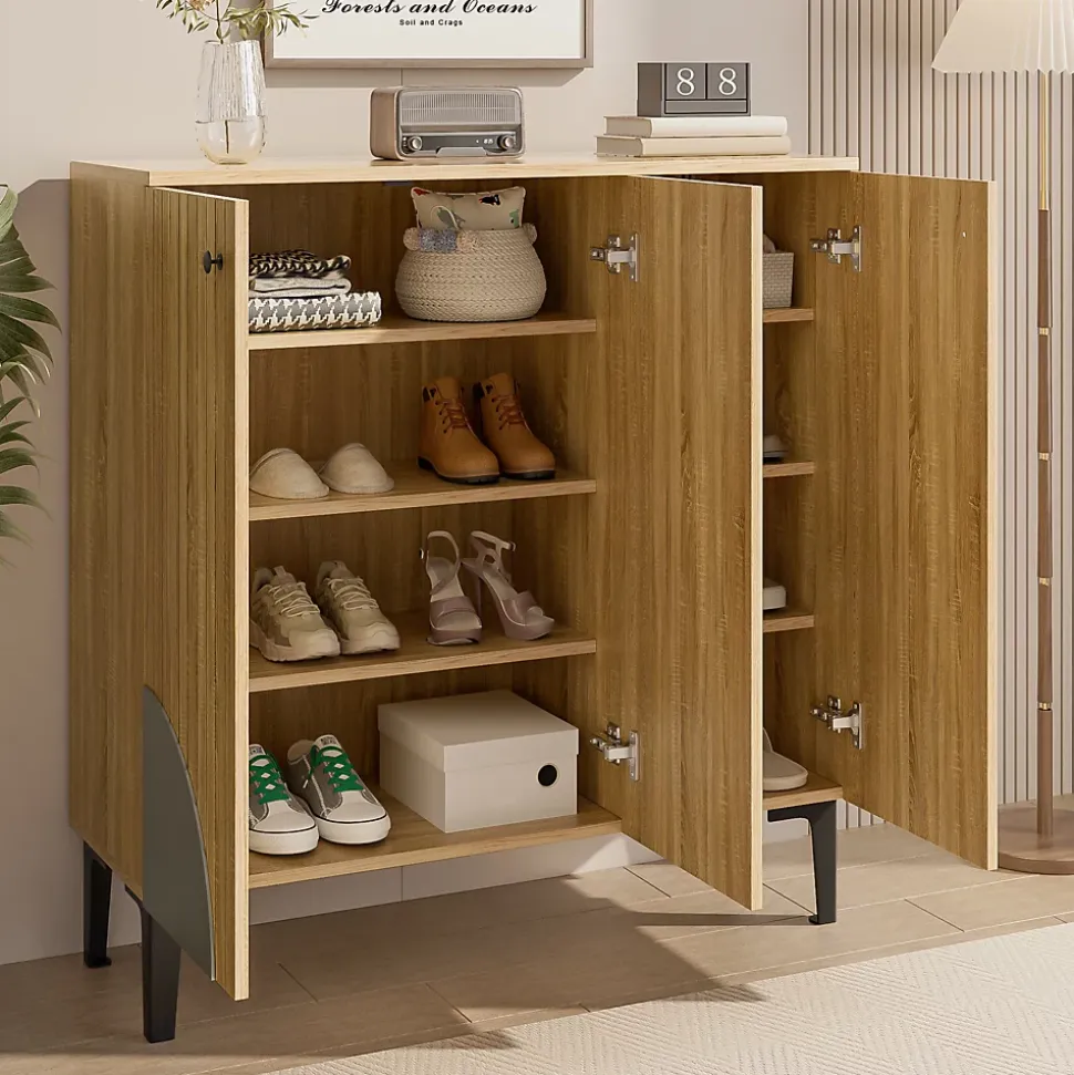 Meuble à Chaussures Moderne avec 3 Portes et Étagères - PB, Rangement pour entrée, 90x32x94 cm - Naturel