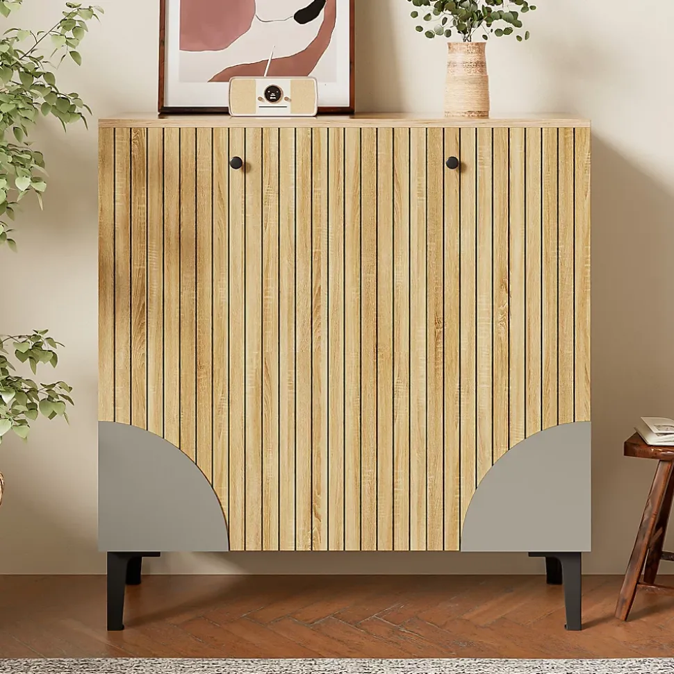 Meuble à Chaussures Moderne avec 3 Portes et Étagères - PB, Rangement pour entrée, 90x32x94 cm - Naturel