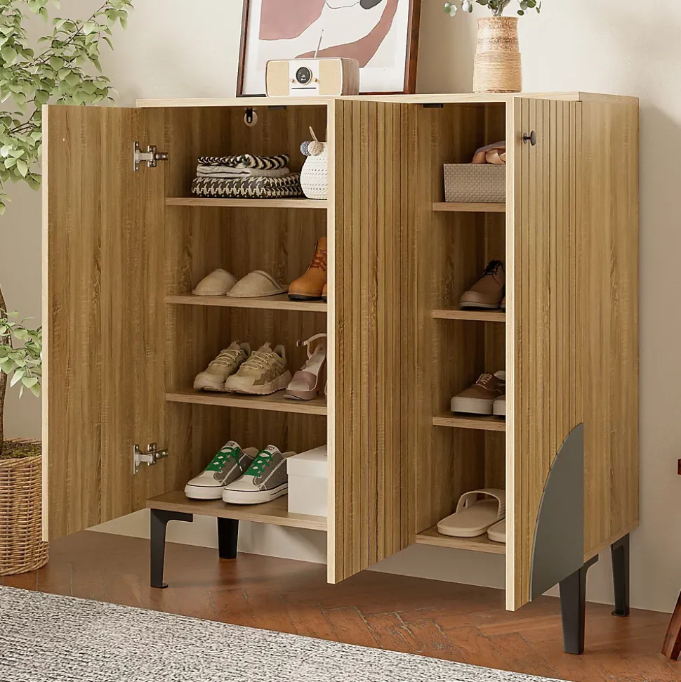 Meuble à Chaussures Moderne avec 3 Portes et Étagères - PB, Rangement pour entrée, 90x32x94 cm - Naturel