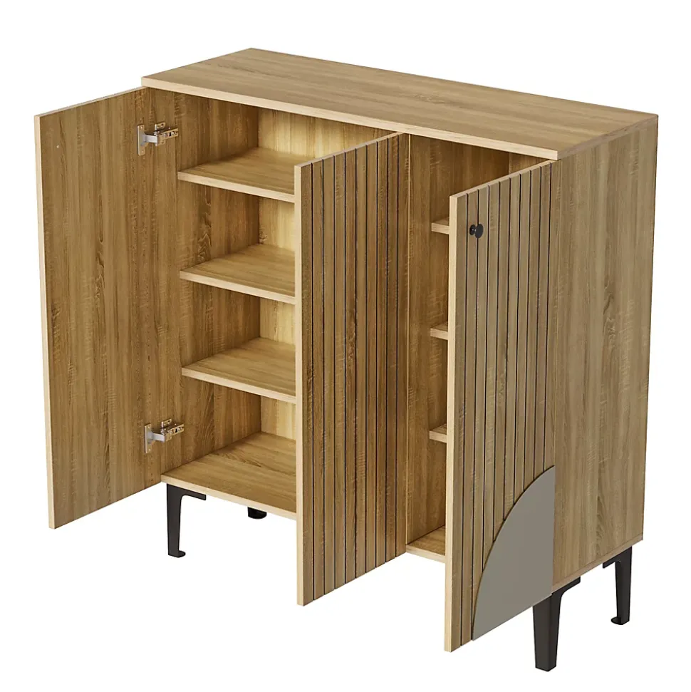Meuble à Chaussures Moderne avec 3 Portes et Étagères - PB, Rangement pour entrée, 90x32x94 cm - Naturel