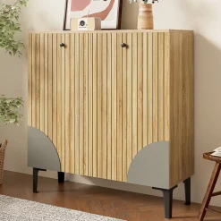 Meuble à Chaussures Moderne avec 3 Portes et Étagères - PB, Rangement pour entrée, 90x32x94 cm - Naturel
