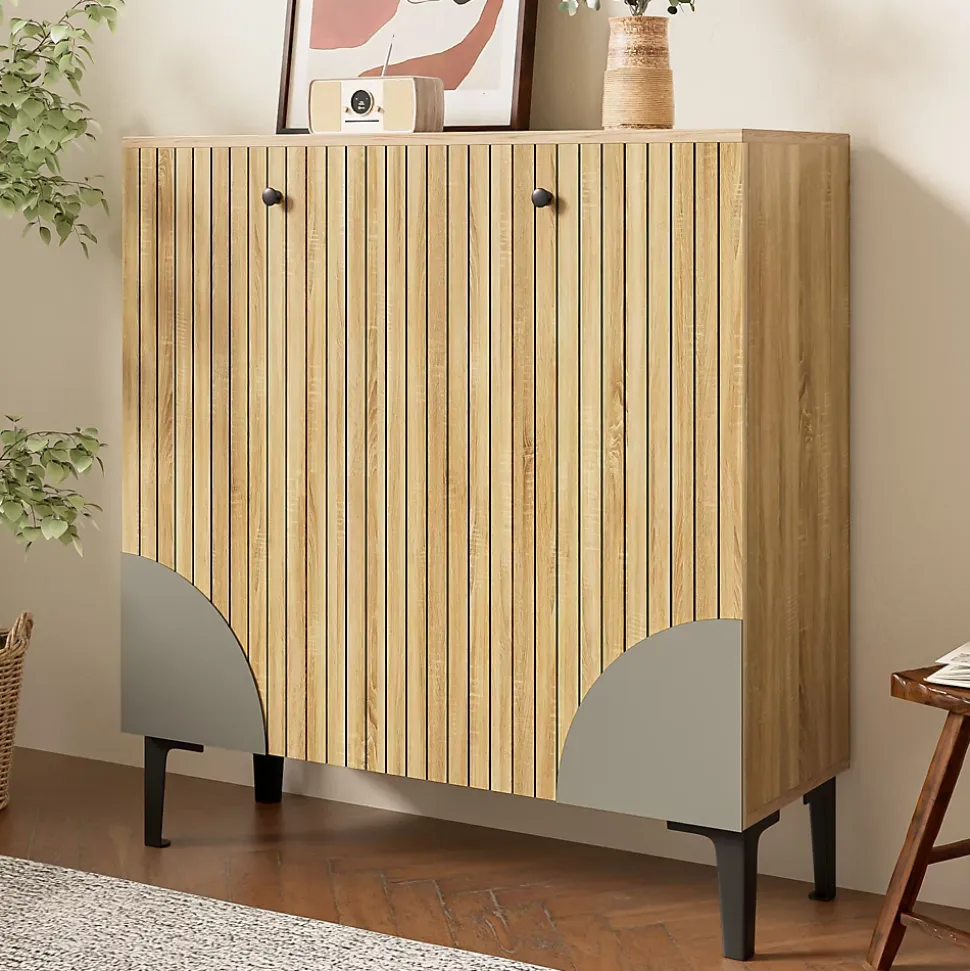 Meuble à Chaussures Moderne avec 3 Portes et Étagères - PB, Rangement pour entrée, 90x32x94 cm - Naturel