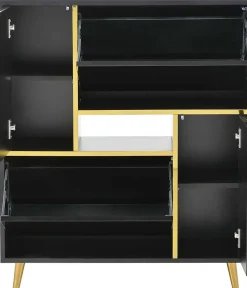 Meuble à chaussures moderne, meuble à chaussures noir avec façade brillante et éclairage LED 16 couleurs (80 x 25 x 96 cm)