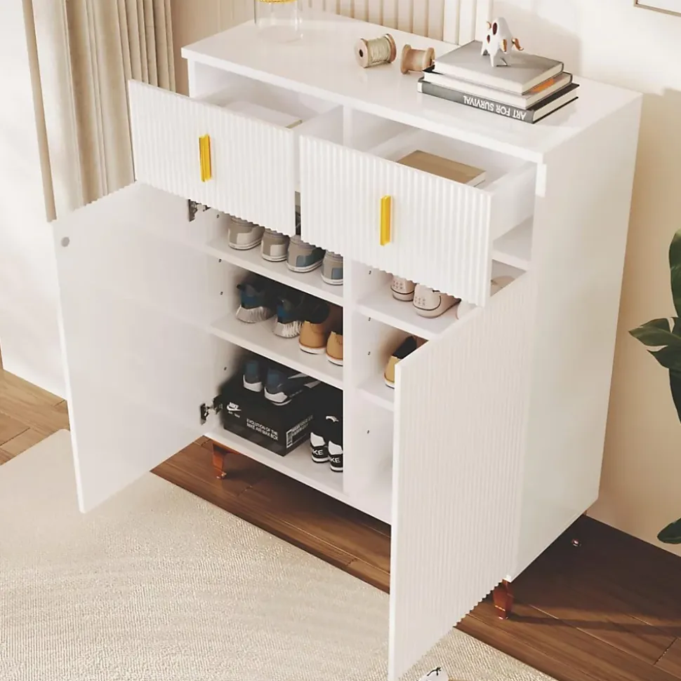 Meuble à chaussures moderne et élégant avec tiroirs, étagères ajustables et décorations dorées, Blanc