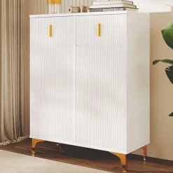 Meuble à chaussures moderne et élégant avec tiroirs, étagères ajustables et décorations dorées, Blanc