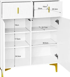 Meuble à chaussures moderne et élégant avec tiroirs, étagères ajustables et décorations dorées, Blanc