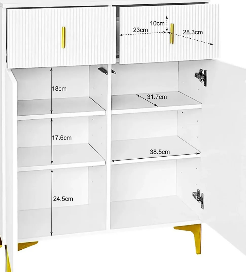 Meuble à chaussures moderne et élégant avec tiroirs, étagères ajustables et décorations dorées, Blanc