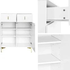 Meuble à chaussures moderne et élégant avec tiroirs, étagères ajustables et décorations dorées, Blanc
