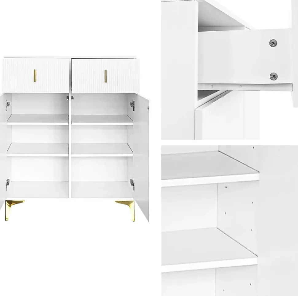 Meuble à chaussures moderne et élégant avec tiroirs, étagères ajustables et décorations dorées, Blanc