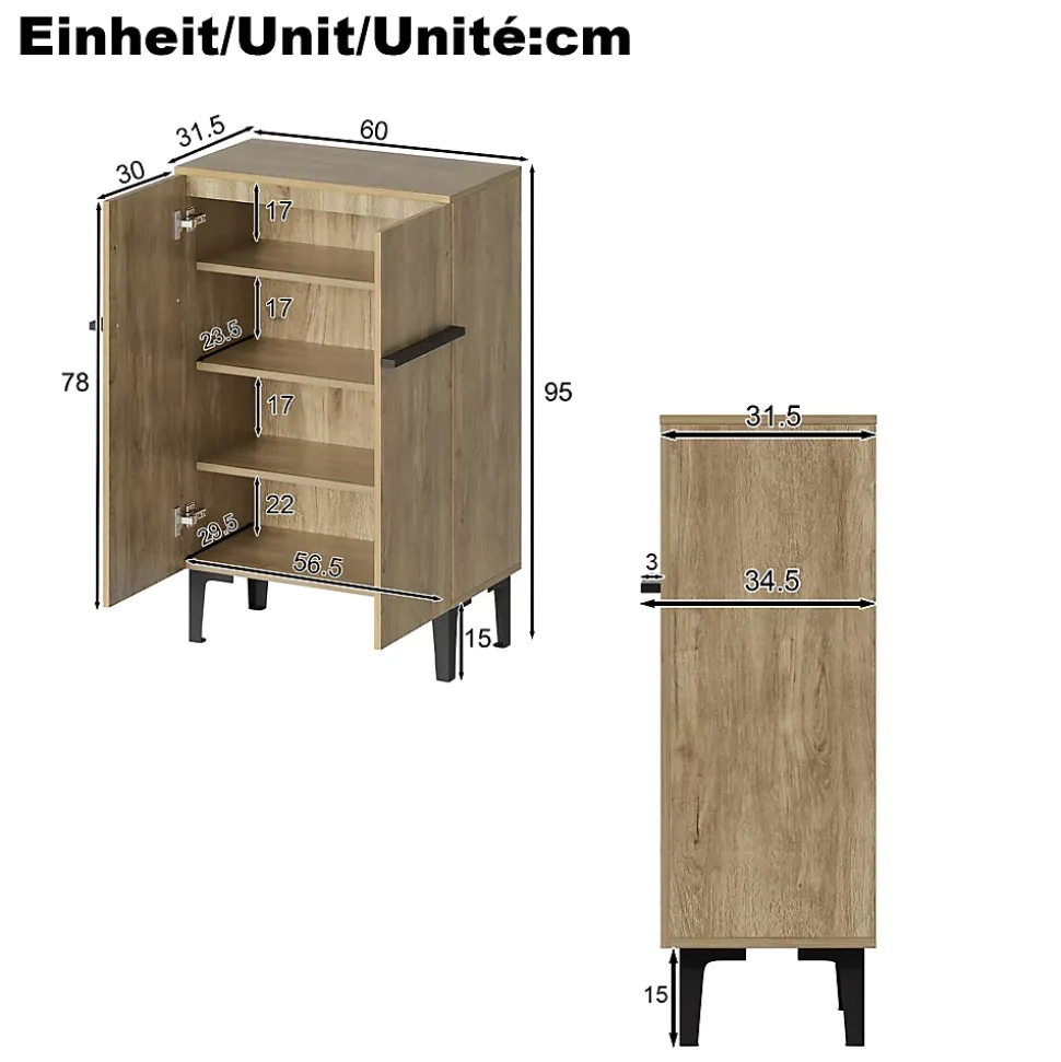 Meuble à Chaussures Moderne 2 Portes - avec Étagères Réglables - en Panneaux de Particules PB - 60x34,5x95 cm - Bois