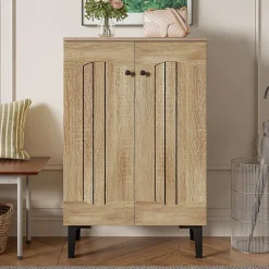 Meuble à Chaussures Moderne 2 Portes - avec Étagères Fixes - Panneaux de Particules - 60x31,5x95 cm - Naturel