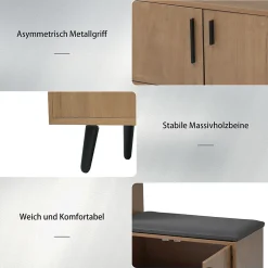Meuble à chaussures naturel avec 4 portes, poignées métalliques asymétriques, panneaux particules + métal, 120x34x82,8 cm