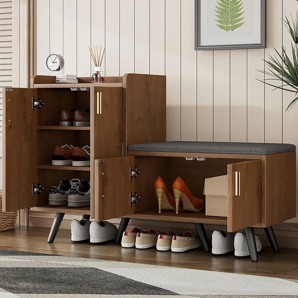 Meuble à chaussures naturel avec 4 portes, poignées métalliques asymétriques, panneaux particules + métal, 120x34x82,8 cm
