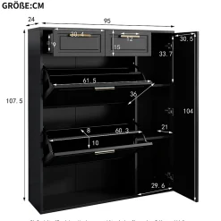 Meuble à Chaussures Noir avec Tiroirs et Étagères Réglables, Armoire à Chaussures avec Portes et Poignées Dorées - 95x24x107 cm