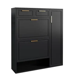 Meuble à Chaussures Noir avec Tiroirs et Étagères Réglables, Armoire à Chaussures avec Portes et Poignées Dorées - 95x24x107 cm