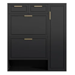 Meuble à Chaussures Noir avec Tiroirs et Étagères Réglables, Armoire à Chaussures avec Portes et Poignées Dorées - 95x24x107 cm