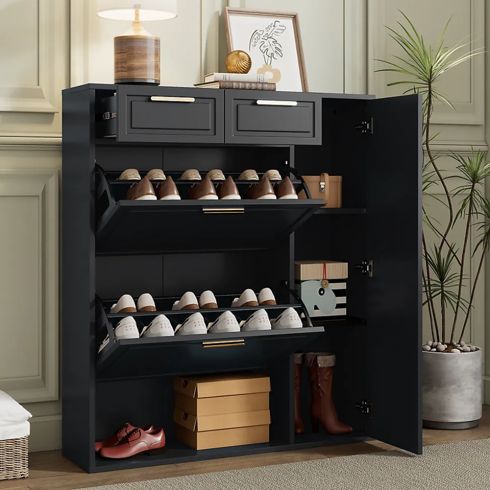 Meuble à chaussures noir avec tiroirs, étagères réglables