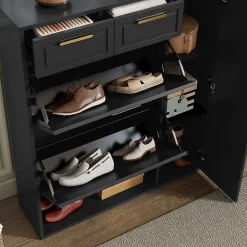 Meuble à chaussures noir avec tiroirs, étagères réglables