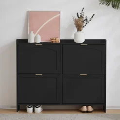 Meuble à Chaussures Noir avec 4 Compartiments Abattants et Étagère Ouverte, Meuble d'Entrée pour Couloir ou Entrée - 110x24x90 cm