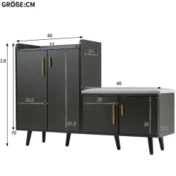 Meuble à chaussures noir avec 4 portes, poignées métalliques asymétriques, panneaux particules + métal, 120x34x82,8 cm