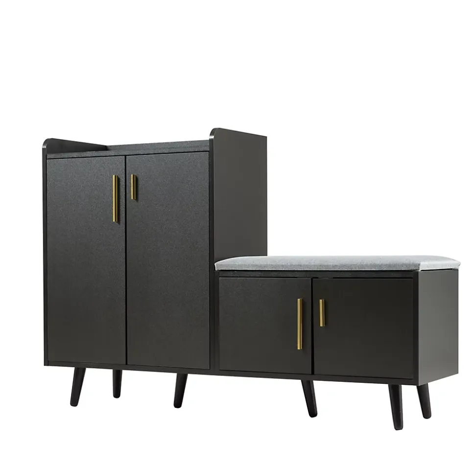 Meuble à chaussures noir avec 4 portes, poignées métalliques asymétriques, panneaux particules + métal, 120x34x82,8 cm