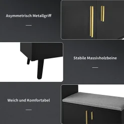 Meuble à chaussures noir avec 4 portes, poignées métalliques asymétriques, panneaux particules + métal, 120x34x82,8 cm