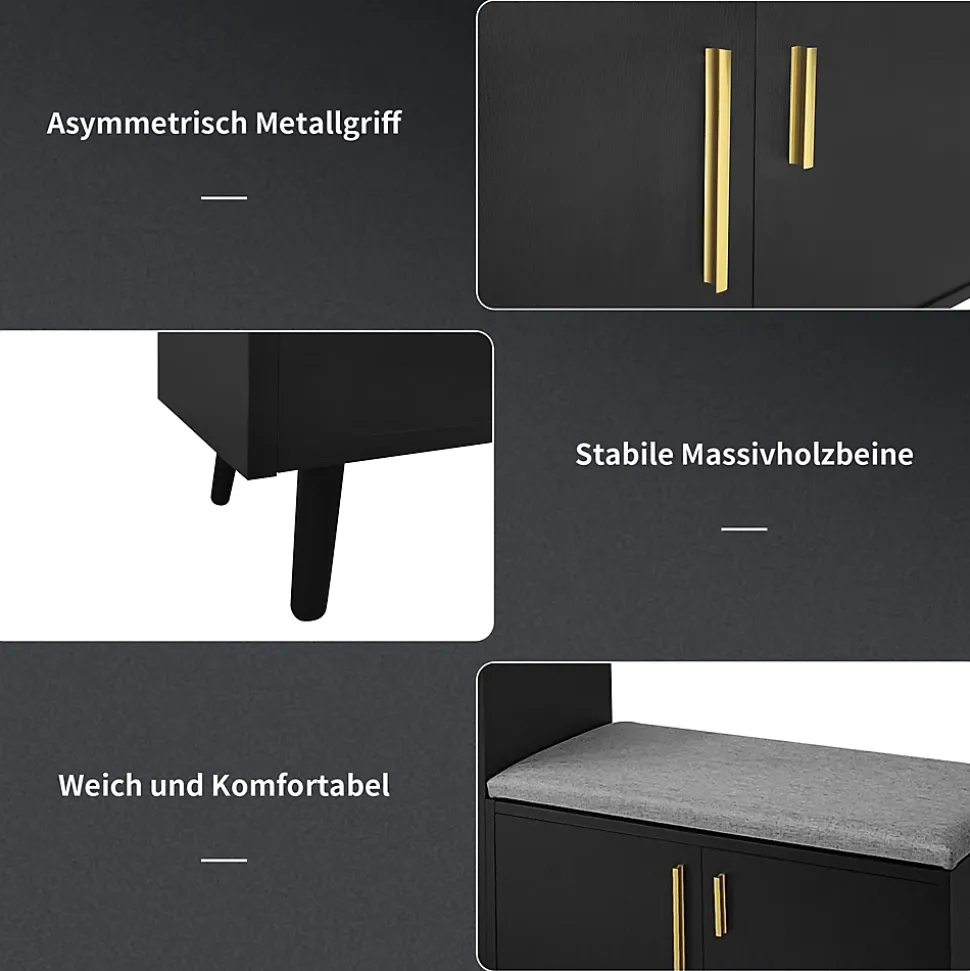 Meuble à chaussures noir avec 4 portes, poignées métalliques asymétriques, panneaux particules + métal, 120x34x82,8 cm