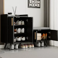 Meuble à chaussures noir avec 4 portes, poignées métalliques asymétriques, panneaux particules + métal, 120x34x82,8 cm