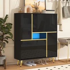 Meuble à Chaussures Noir Brillant, Éclairage LED Multicolore, design Moderne, entrée/Salon, Panneaux de Particules, 80x25x96 cm