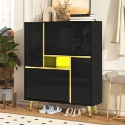 Meuble à Chaussures Noir Brillant, Éclairage LED Multicolore, design Moderne, entrée/Salon, Panneaux de Particules, 80x25x96 cm