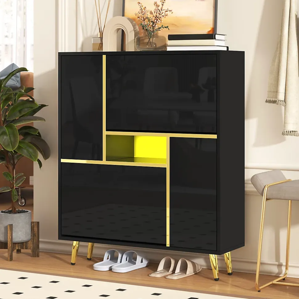 Meuble à Chaussures Noir Brillant, Éclairage LED Multicolore, design Moderne, entrée/Salon, Panneaux de Particules, 80x25x96 cm