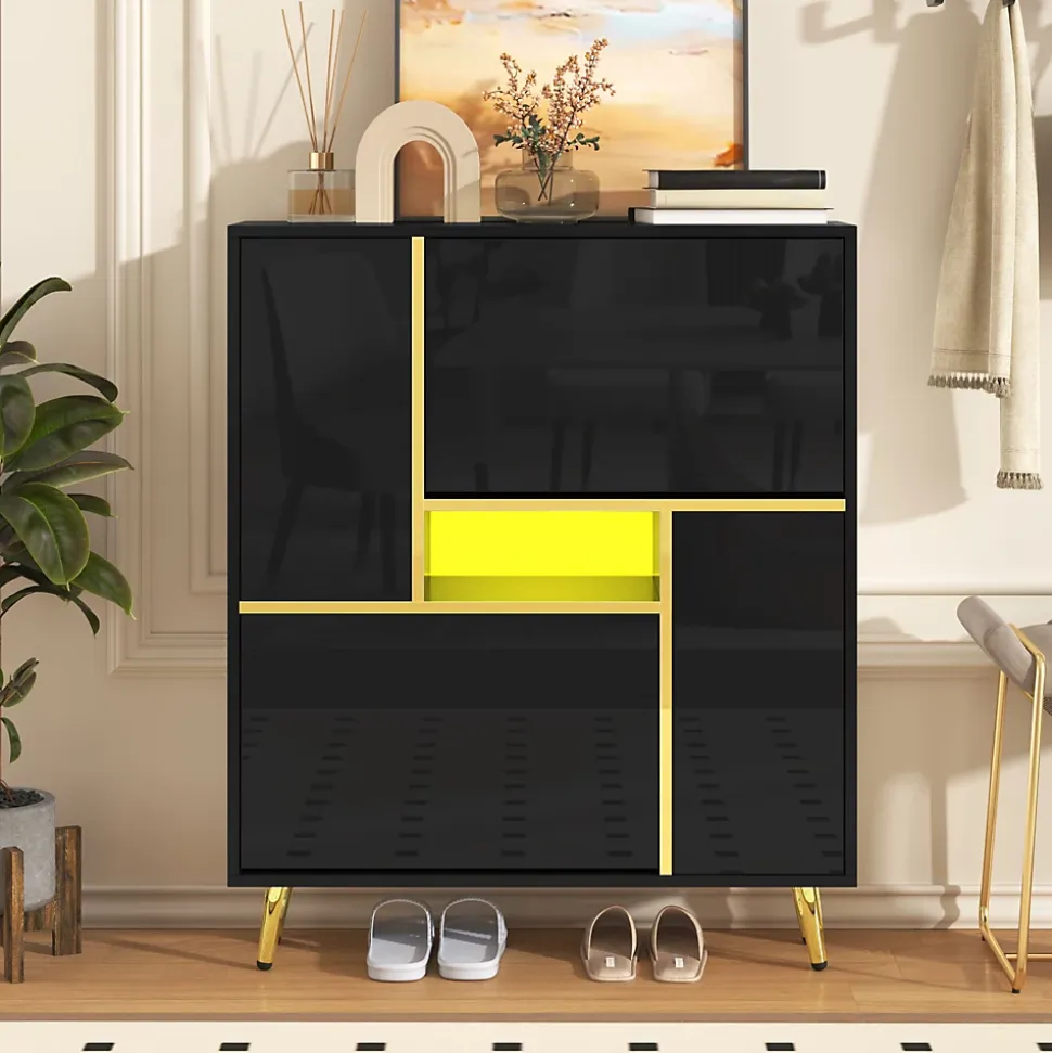 Meuble à Chaussures Noir Brillant, Éclairage LED Multicolore, design Moderne, entrée/Salon, Panneaux de Particules, 80x25x96 cm