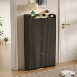 Meuble à chaussures noir moderne avec étagère supérieure et rangement compartimenté, 1 tiroirs, bacs pratiques